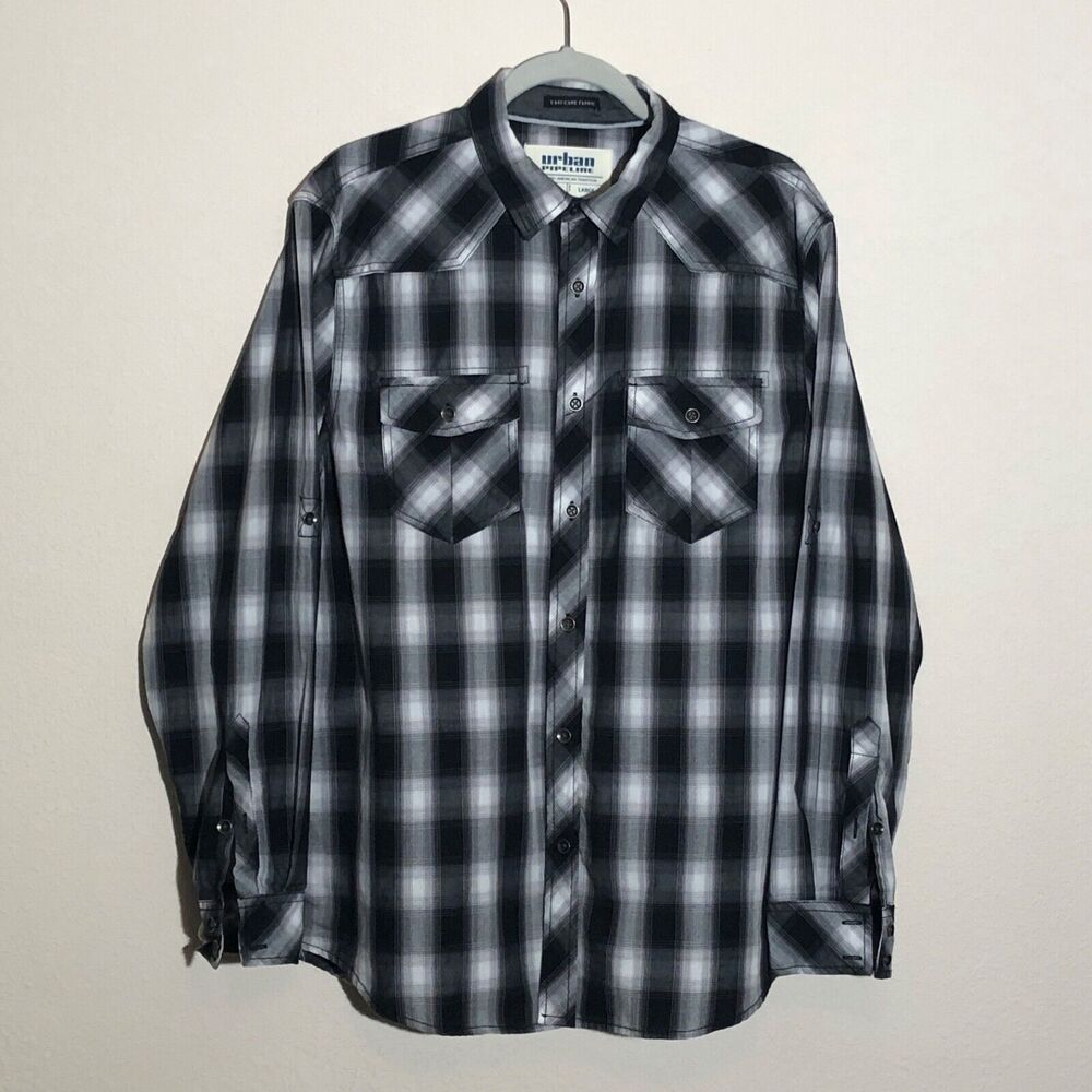 Urban Pipeline Shirt Mens L Button Up Gray Black Plaid‎ Western Cowboy Roll-Tab
